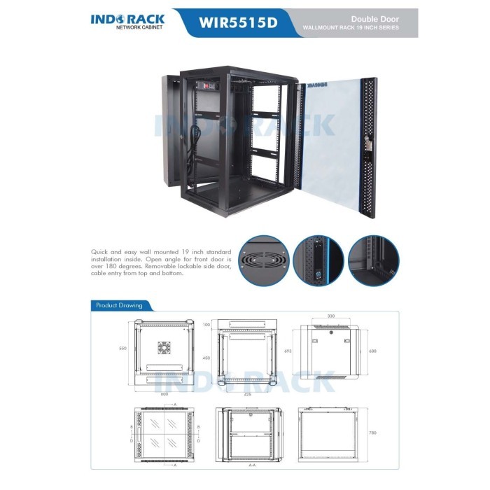 Rackmount - INDORACK WIR5515D - Wallmount Rack 15U Double Door Depth 550MM - Rak Server - Rackmount 