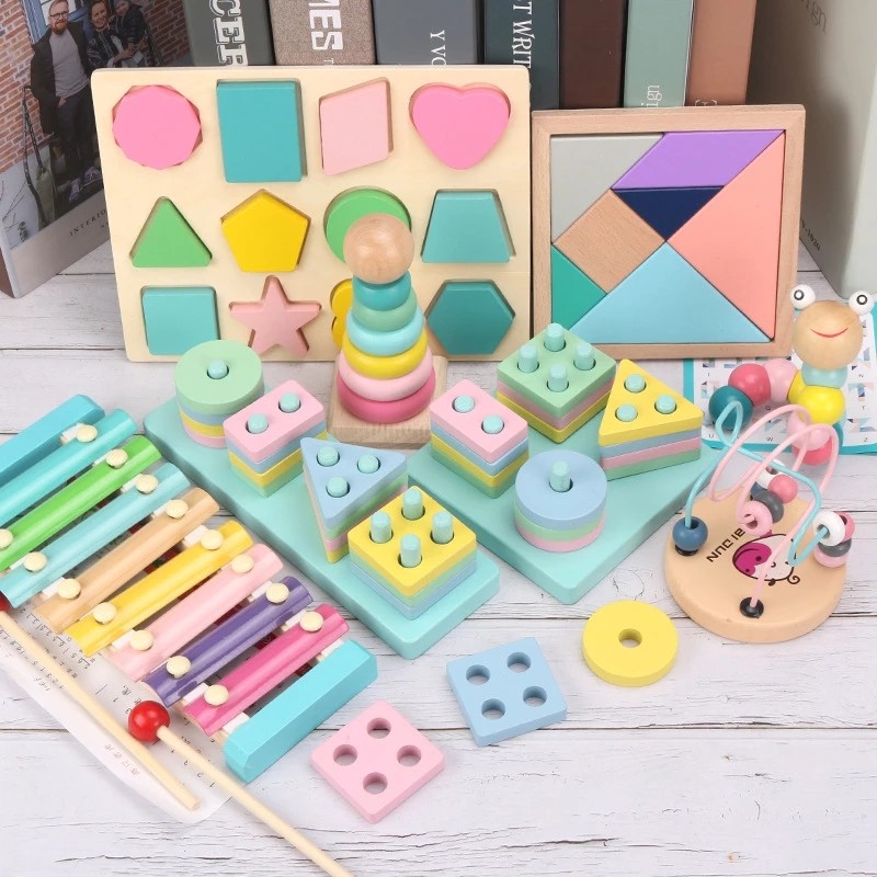 

Hot Kids Montessori Wooden Toys Macaron Blocks Learning Toy Baby Music Rattles Graphic Colorful Wooden Blocks Educational Toy