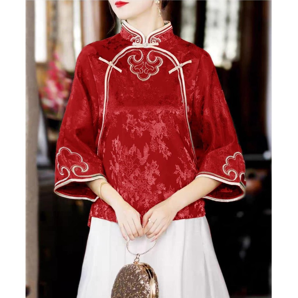 Cheongsam Imlek Wanita Dewasa 🎋 Motif Naga & Bunga Sakura – Tampilan Anggun & Berkelas Tm - Atasan 0