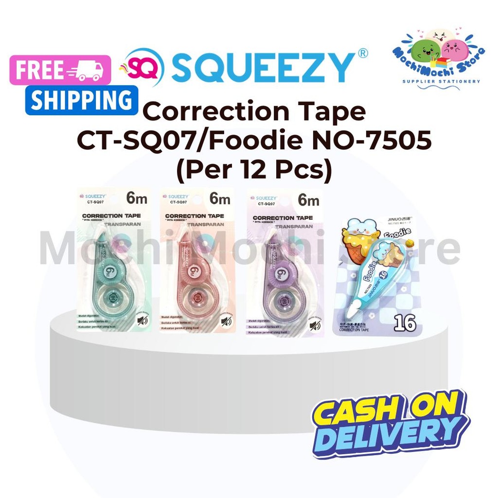 

PER 12 PCS Correction Tape 6M CT-SQ07 / FOODIE NO-7505 | Tip Ex Kertas | Tip X Correction Pen