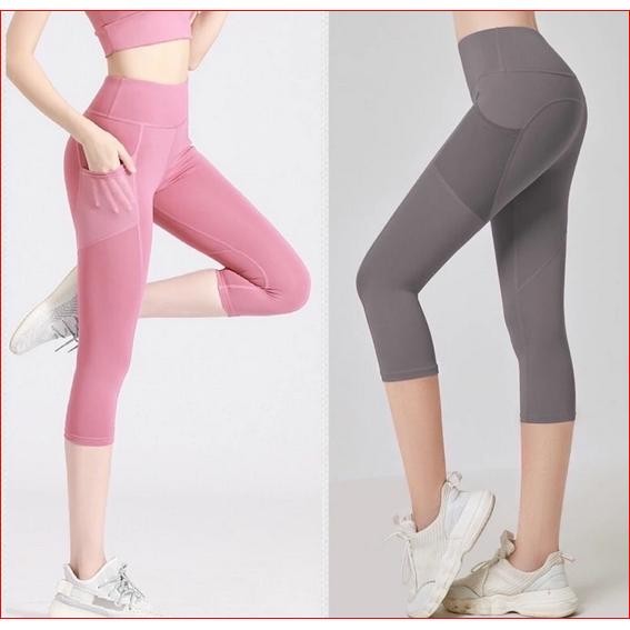 Celana Legging 7/8 Wanita Olahraga Fitness Yoga Gym Poket Highwaist Elastis Polos Premium Sweatpants
