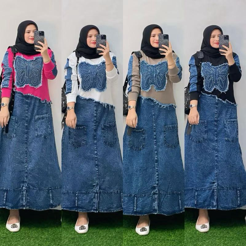 PARXETSHOP  Gamis Combed Kombinasi Jeans Kupu Kupu, Gamis Jeans Wanita Terpopuler