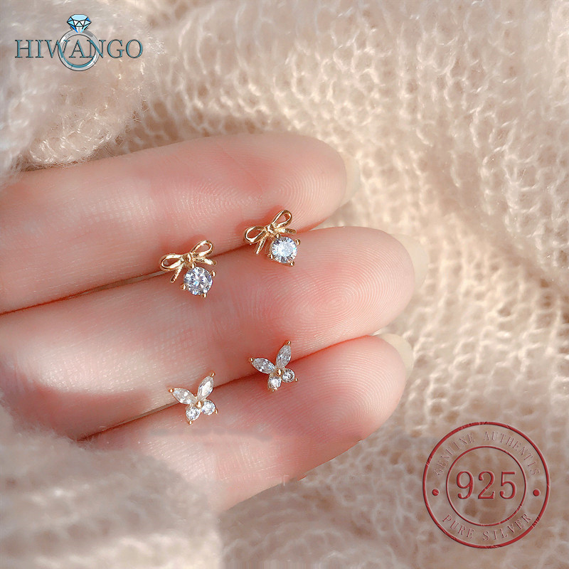 HIWANGO 18k Emas Zirkon Kupu-kupu Kecil Anting Pejantan Perhiasan Busur Wanita Grosir
