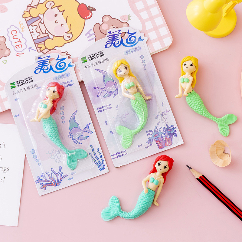 

2Pcs Set Cute Mermaid Princess Eraser Kawaii Cartoon Pencil Assembled Rubber For Girls Kids Stationery Office School Supplies