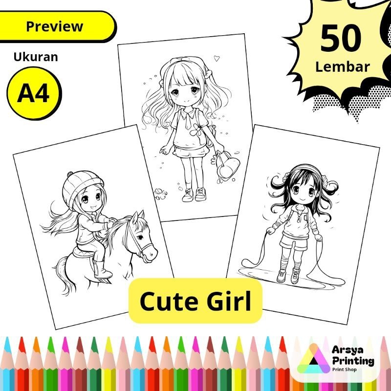 

50 Lembar Kertas Mewarnai Anak Lucu Tema Cute Girl Ukuran A4claraa aurel