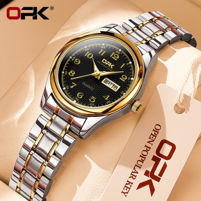 OPK Jam Tangan Wanita Anti Air Original Anti Bercahaya Kalender 8110 - Emas Hitam /Update 2025
