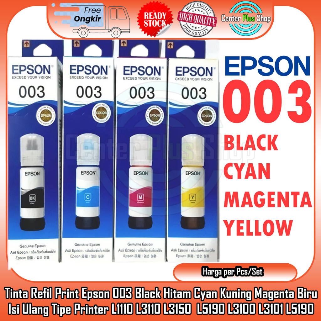 

Epson Set Tinta Printer 003 ORI Bk C M Y Original Tipe Perinter L1110 L3110 L3150 L5190 L3100 L3101 L5190 Refil Ink CMYK Refil Ferinter Mesin Cetak Orijinal Warna Infus Cair Repil Isi Ulang Botol Paket Black Hitam Cyan Biru Kuning DES Magenta Print