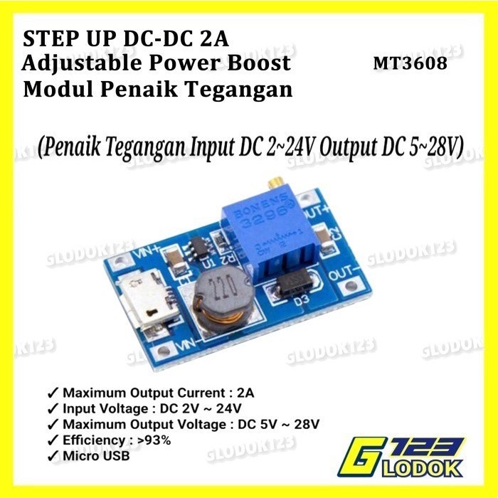Step Up DC DC Boost 2A Micro USB Power Modul Penaik Tegangan MT3608