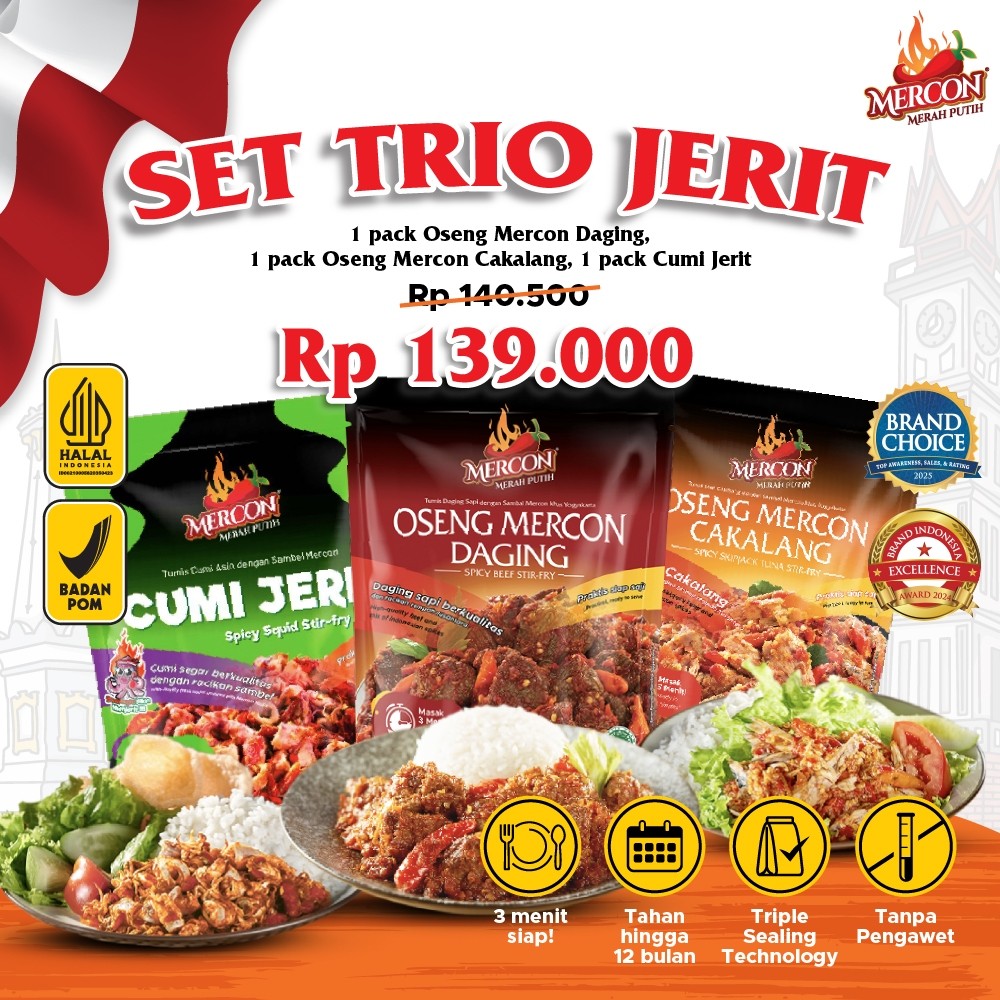 

[JAMINAN HARGA TERMURAH] - Mercon Merah Putih - Set Trio Jerit|| Oseng Mercon Daging + Cumi Jerit Sambal Mercon + Oseng Mercon Cakalang