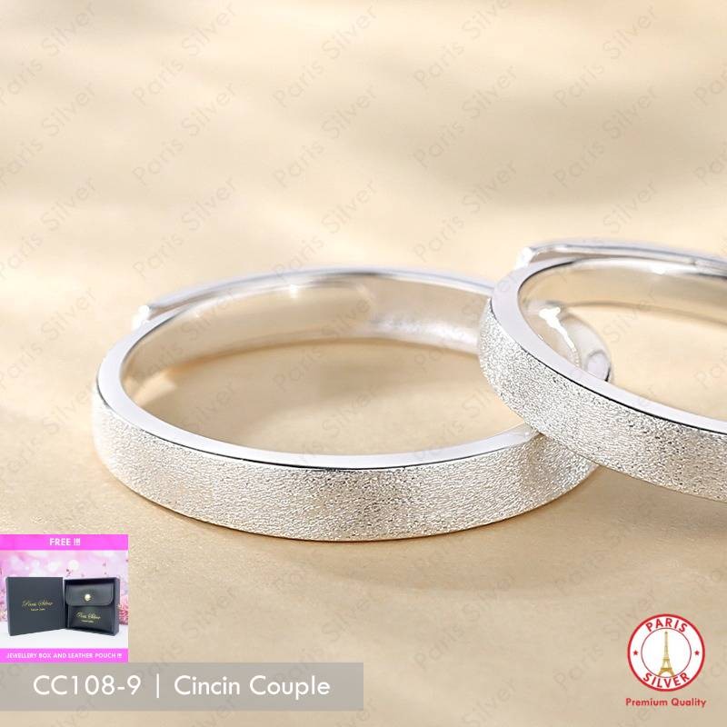 Cincin Couple Perak 925 Asli Motif Pasir Halus Permata Pria Wanita Adjustable Lapis Emas Putih