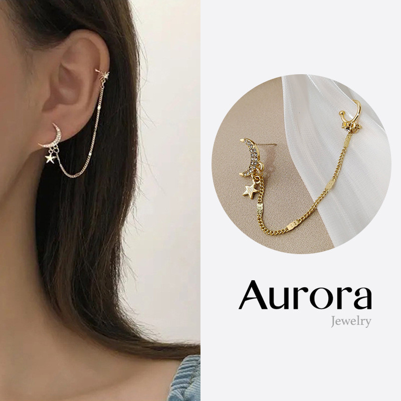 【AURORA】 Anting Rantai Bulan Bintang | Tindik Jepit Telinga Bulan Bintang Warna Emas Elegan