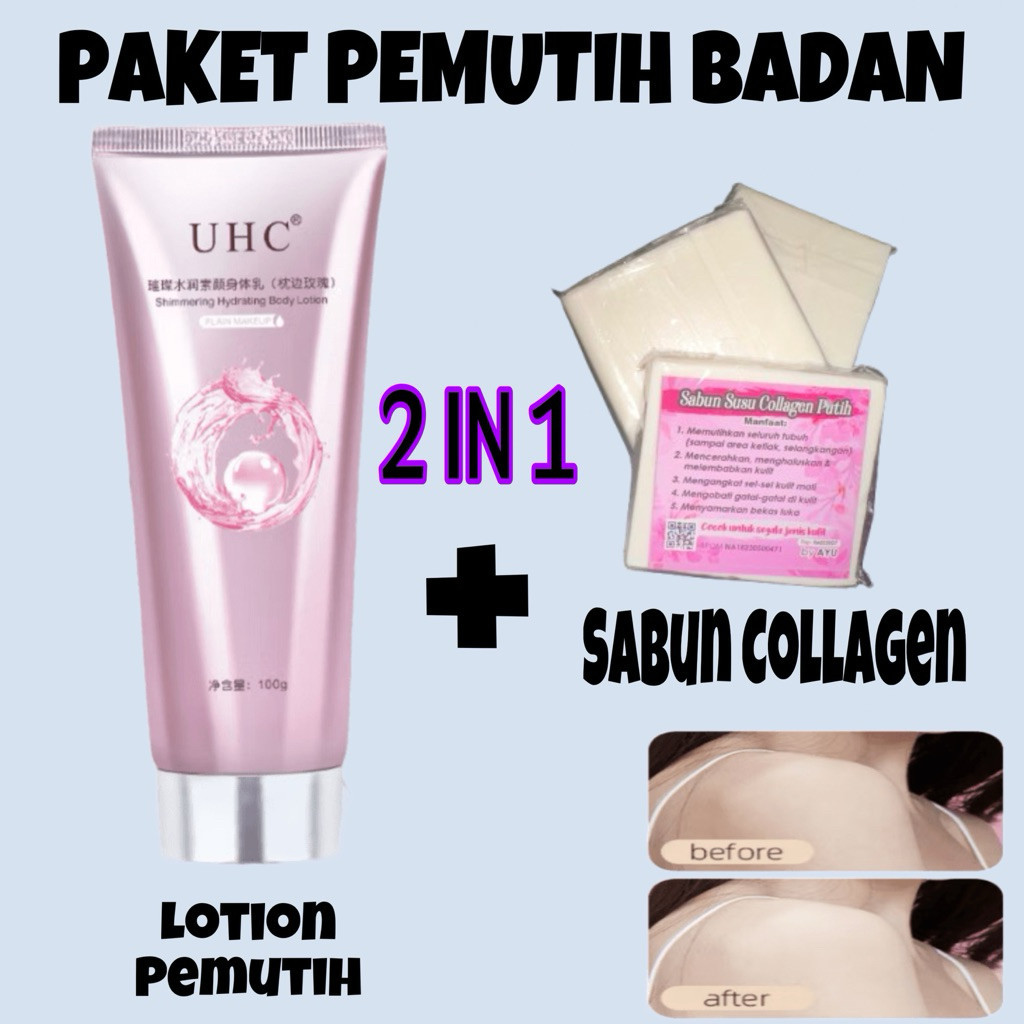(COD) PROMO/ Paket 2in1 Body Lotion uhc + sabun susu collagen Mencerahkan Warna Kulit 100gr Pemutih 