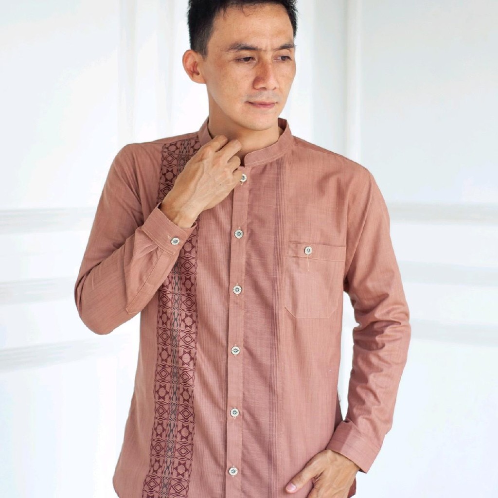AL JAMI - AL FAJRI kemeja koko muslim pria dewasa lengan panjang katun linen motif bordir sulam prem