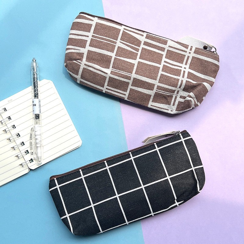 

Canvas Pencil Bag Case School Simple Striped Grid Solid Color Cute Pencil Bag Case Pouch Office Students Kids Supplies