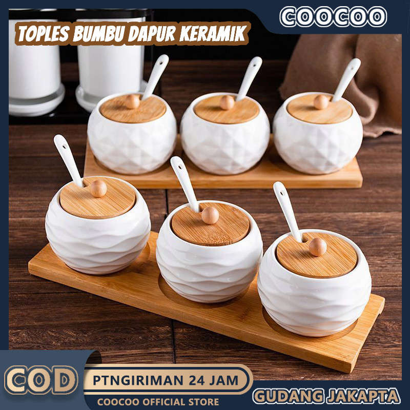 Guci Bumbu Keramik Guci Bumbu Dapur Set 3 + 1 Alas Kayu / serbaguna toples bumbu dapur keramik