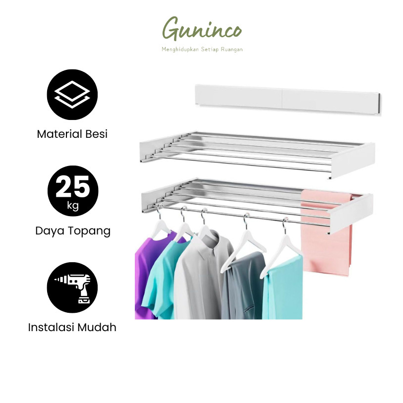 WOW GUNINCO Jemuran Baju Lipat 80cm Hitam dan Putih / Jemuran Baju Invisible Dinding Lipat Dalam Rua