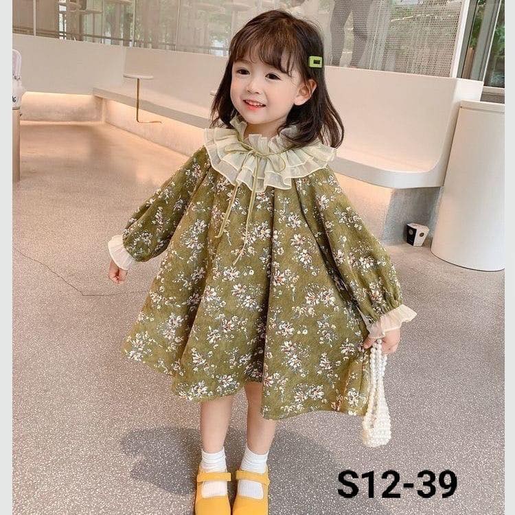 AG57TK KF CAT Dress Anak Perempuan Fashion Bunga Lengan Panjang Kerah Renda Import Usia 1-4 Tahun