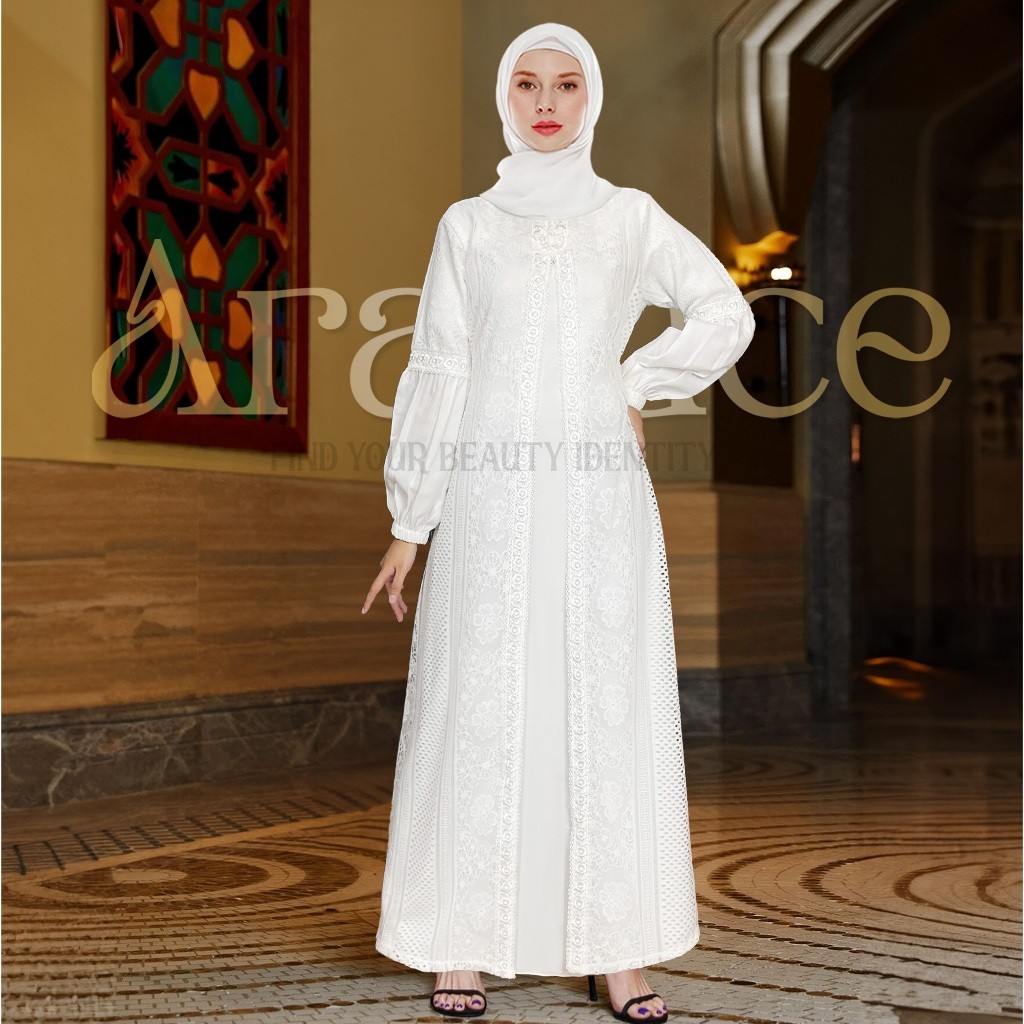 DR45TZ ARALLUCE • Baju gamis brukat putih mewah dan elegan - Gamis putih wanita kekinian terbaru