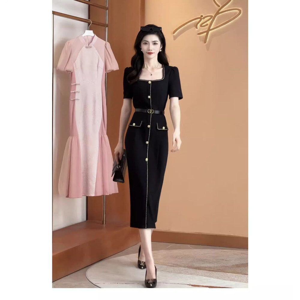 【ready stock】FADFAD Gaun wanita elegan panjang midi lengan pendek hitam solid|square neck dress | Dr