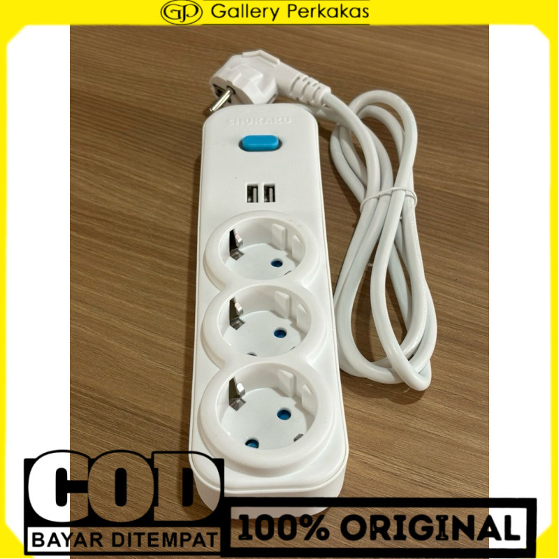 Shukaku premium stop kontak kabel + saklar + 2 Colokan Usb 3 lubang 1,5 meter Tembaga Murni SKU 8113