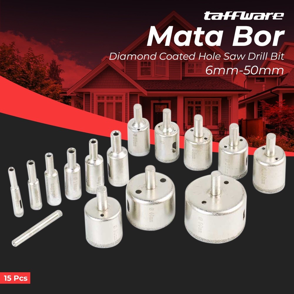 BSDMall- Mata Bor Diamond Pelubang Kaca Akrilik Coated Hole Saw Drill Bit 6mm-50mm 15 PCS - SDM