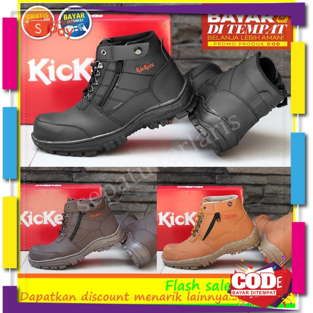 [PREMIUM ORIGINAL] SEPATU SAFETY BOOTS PRIA KICKERS MORISEY HITAM UJUNG BESI RESLETING TOURING HIKIN
