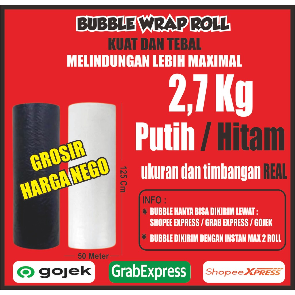 

Bubble Wrap Hitam/Bening Berat 2.7kg Lebar 125cm Panjang 50 meter