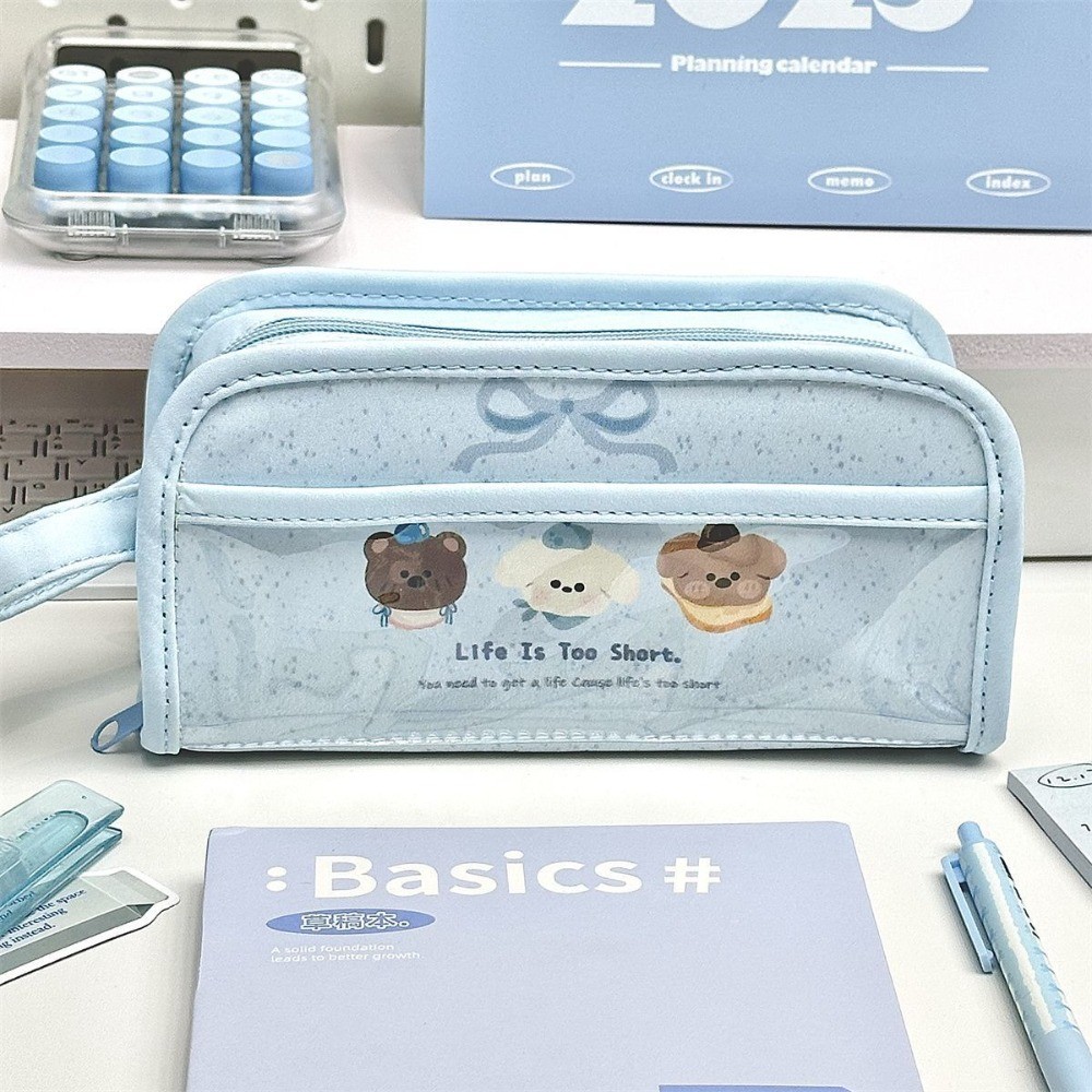 

Simple Cute Blue Pen Boxes New Large Capacity Pencil Case Bag High Value Cartoon Pen Case Multifunctional Stationery Bag
