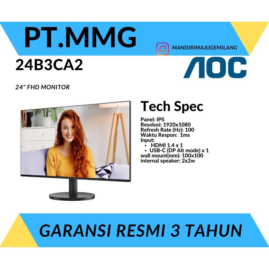 Monitor LED AOC 24B3CA2 24" IPS 1920x1080 FHD 1080p 100Hz 1ms HDMI USB-C Speaker Vesa