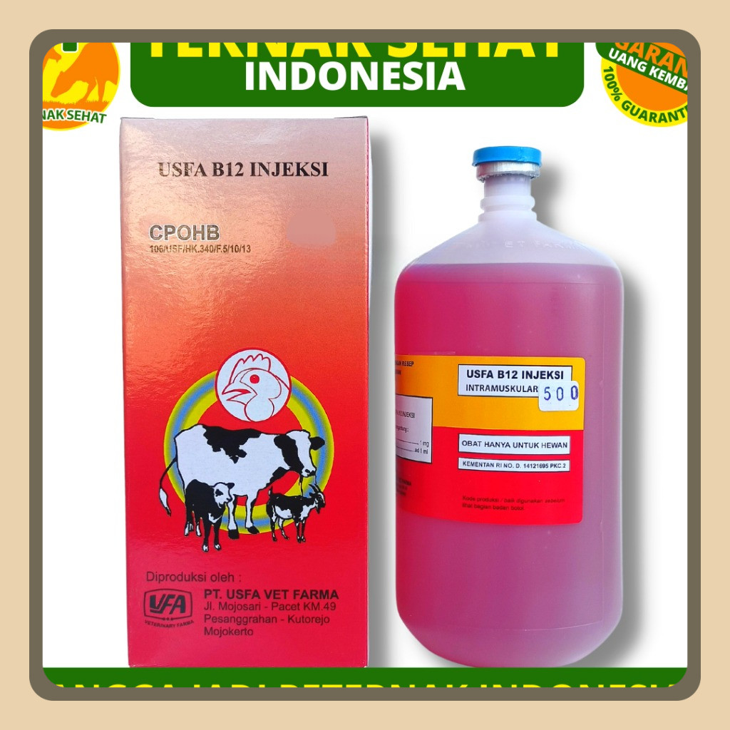 VITAMIN B12 500 ML USFA - Vitamin b12 Injeksi untuk hewan Sapi kambing Domba Babi dll