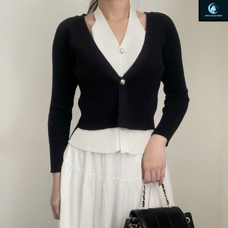 CLOTHIER | Jennie Knit Top - Atasan Wanita Rajut Kancing Korean Halter Cardigan Outer