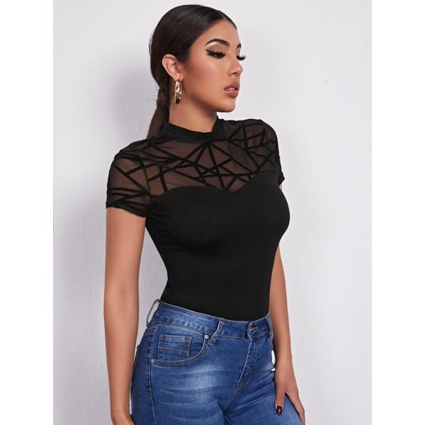 Mock-neck Geo Mesh Yoke Tee Wanita
