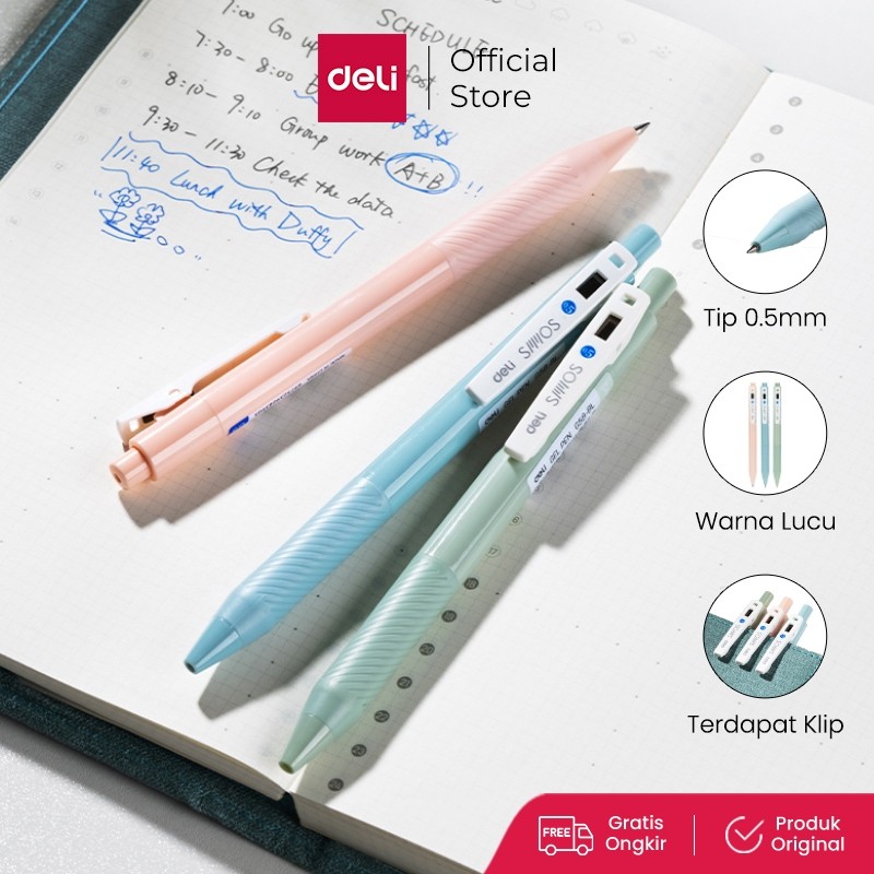 

Deli Retracable Gel Pen / Pulpen Gel Cetak 0.5 mm Tinta Hitam Biru Body Pastel EG58