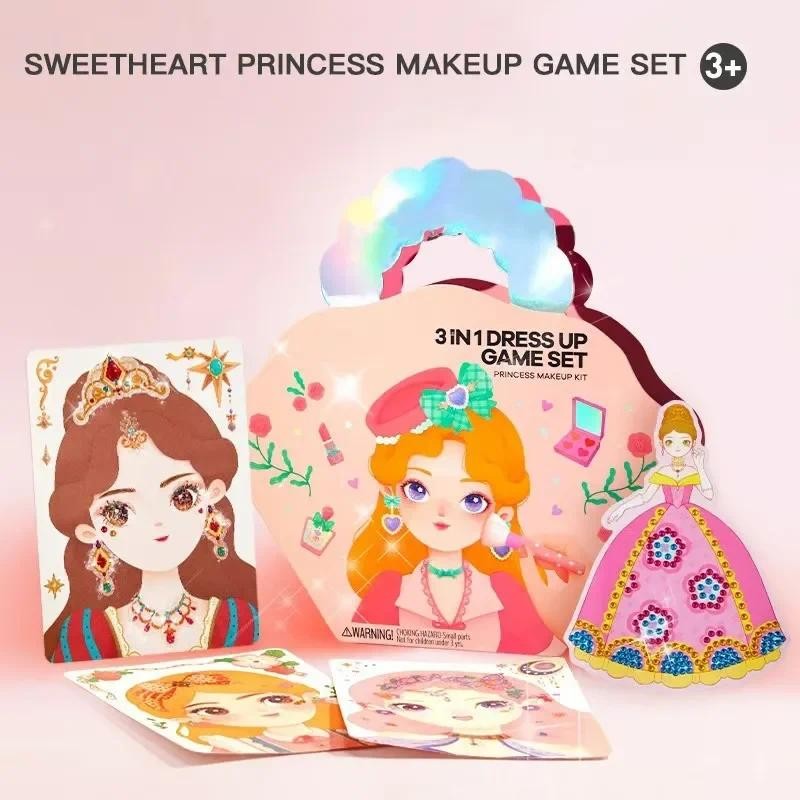 

Fantasy 3-in-1 Princess Dress Up & Make Up Game Set Diy Creative Girls Makeup Toy Drawing Outfit Changing Diamond Sticking