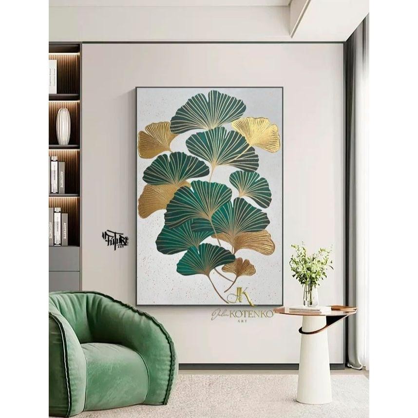 Hiasan Dinding Aesthetic Lukisan Abstrak Modern Ginkgo Gold Green - future art painting