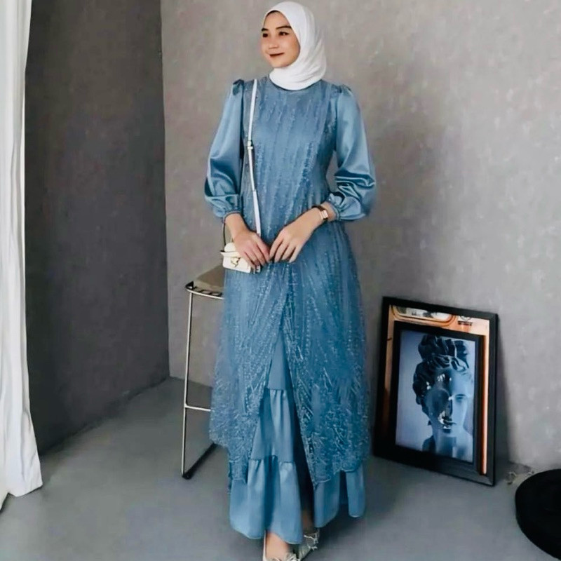 AMB85 Olivia Dress Velvet Mix Brokat Import Desain Mewah Elegan Ootd Pesta Gamis Jumbo Mode2024 Buat