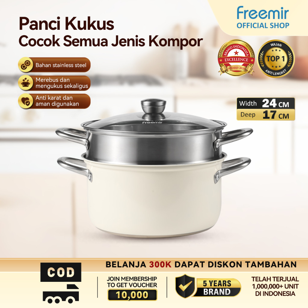 cf45rf [OFFICIAL] freemir Panci Kukus 2 Susun 24 cm Panci Stainless Steel Panci Anti Karat Serbaguna