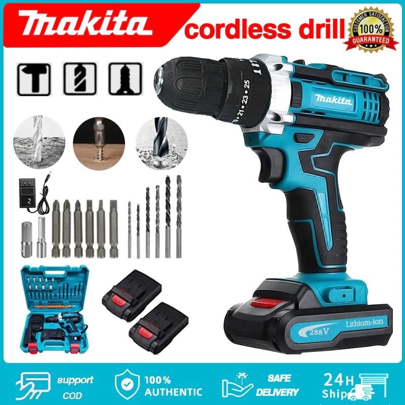 Makita Bor Listrik Bor Tangan Tanpa Kabel Driver Bor Palu Tanpa Kabel 288V, Dilengkapi Dengan Dua Ba