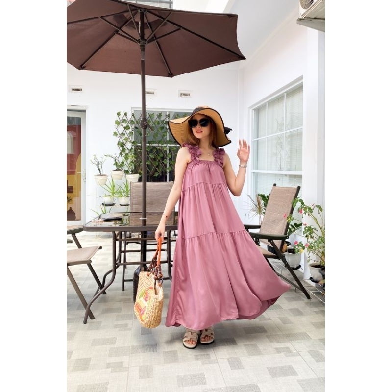 Wulan long dress pantai tanpa lengan / home dress daster katun rayon twill model koran kekinian