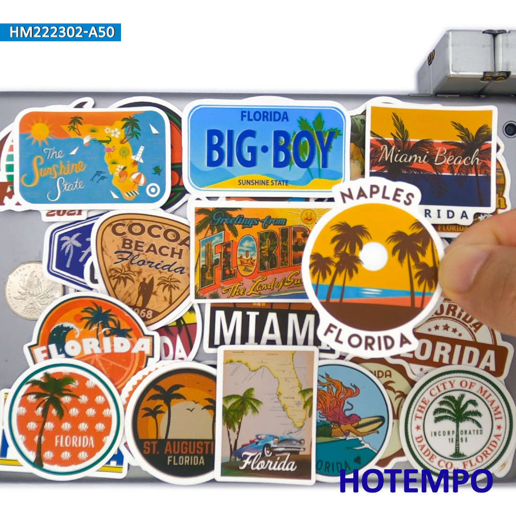 

50Pieces Florida Miami Summer Sunshine Beach Surf Travel Stickers for Journal Luggage Guitar Car Bike Phone Laptop Sticker Toys