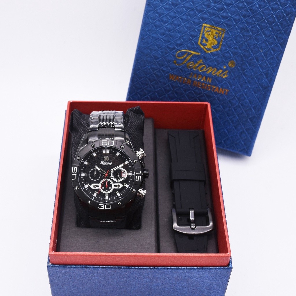 LW_ BESTSELLER JAM TANGAN PRIA TETONIS ORIGINAL RANTAI PAKET TALI RUBBER TANGGAL CHRONO AKTIF FREE B