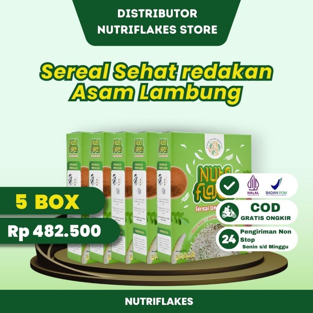 

[PROMO GAJIAN] Paket 5 Box Nutriflakes - Sereal Sehat Umbi Garut atasi Asam Lambung Asli Original