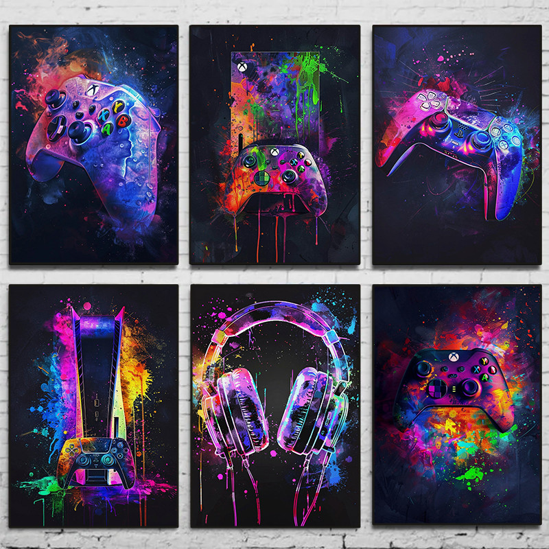 

Watercolor Neon Video Game Posters XBOX Prints GamePad Headset Canvas Painting Gaming Wall Art Boys Gamer Room Home Decor