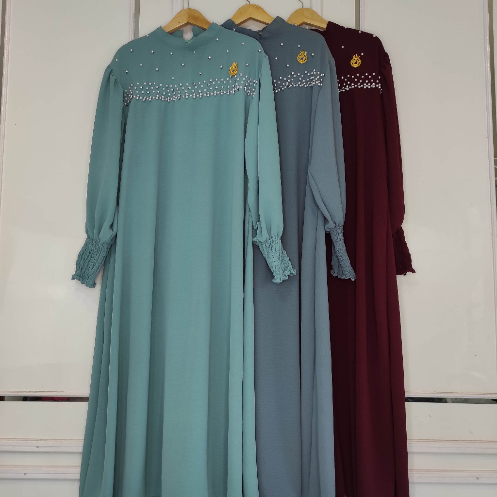 Zenya Dress | Gamis Jumbo LD 130cm Payet Mutiara Mewah Crinkle Airflow Lengan Balon Wanita Muslimah