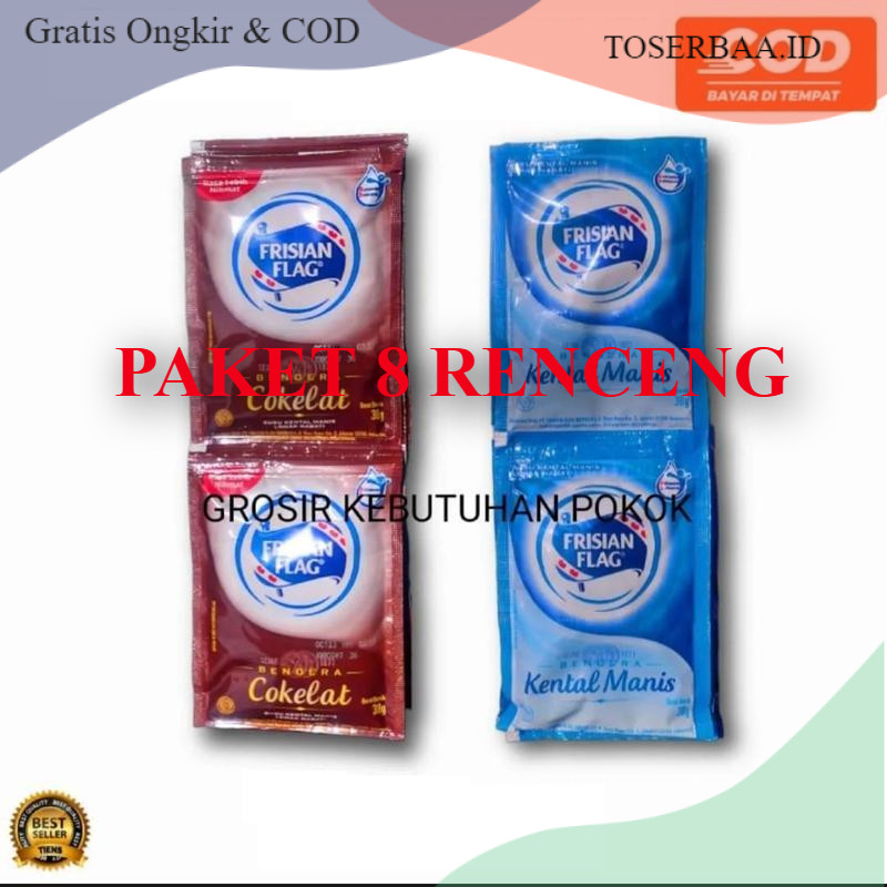 

Paket ( 8 Renceng ) Frisian Flag Susu Kental Manis bendera 38g / 1 renceng isi 6 sachet putih / coklat