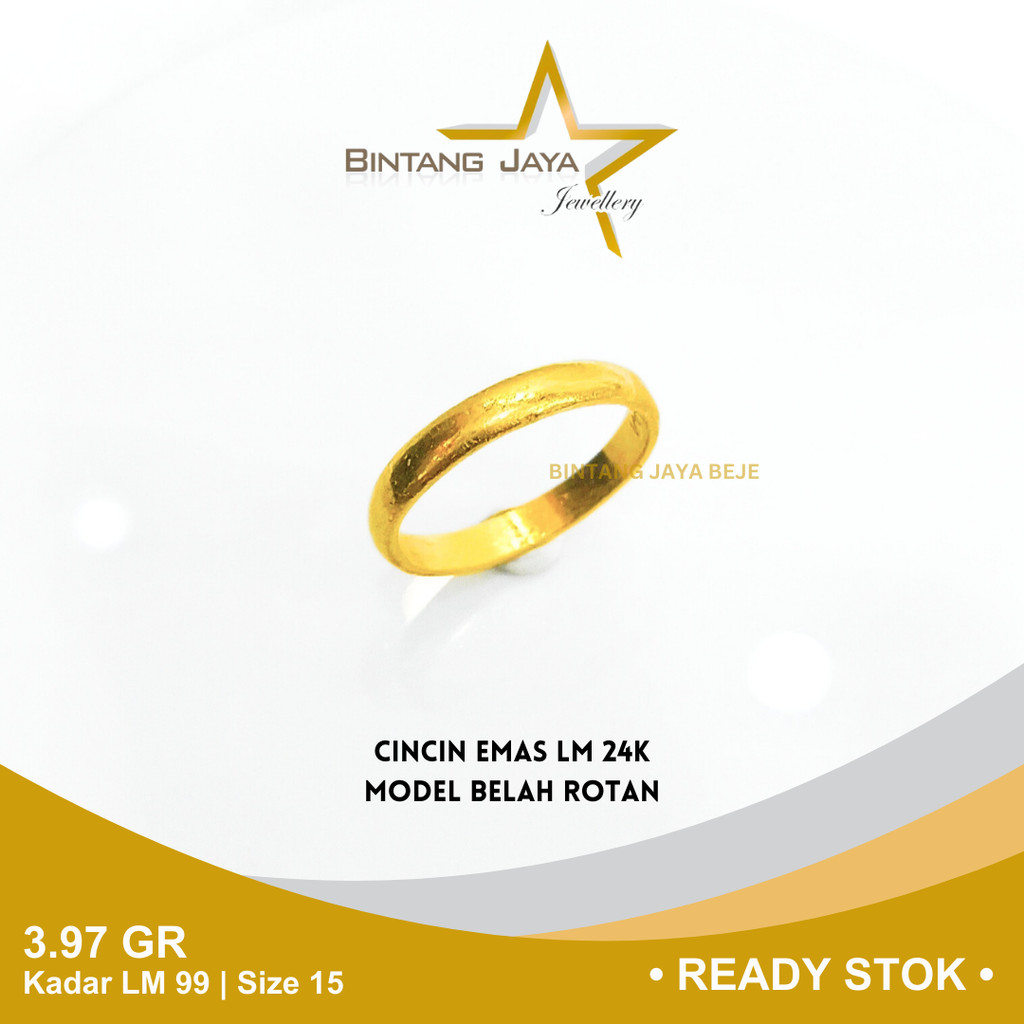Cincin Emas Kadar 24K LM 99 Berat 3.97 gr gram Size Ukuran 15 Model Belah Rotan Cicin Perhiasan Gold