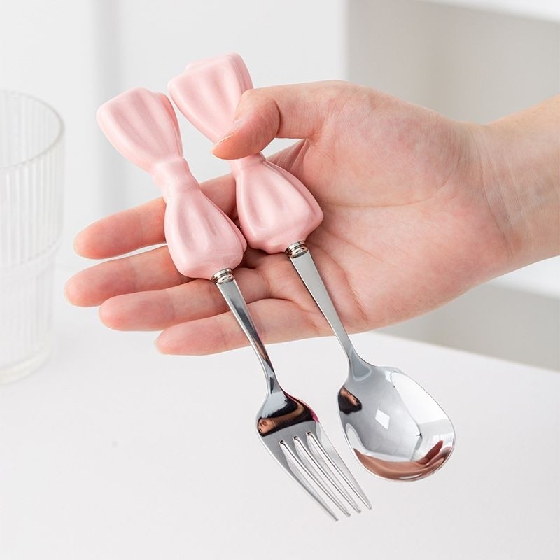 HH Set Sendok Garpu Pita Besar Keramik Stainless Dessert Korea Cantik Peralatan Makan Estetik Lucu