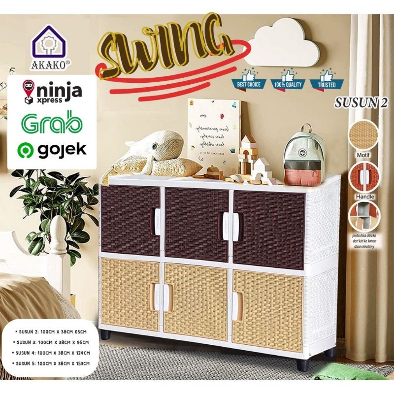 AKAKO - Lemari Pakaian Plastik SWING FANCY 3 Pintu Jumbo Motif Rotan Susun 2, 3, 4 & 5