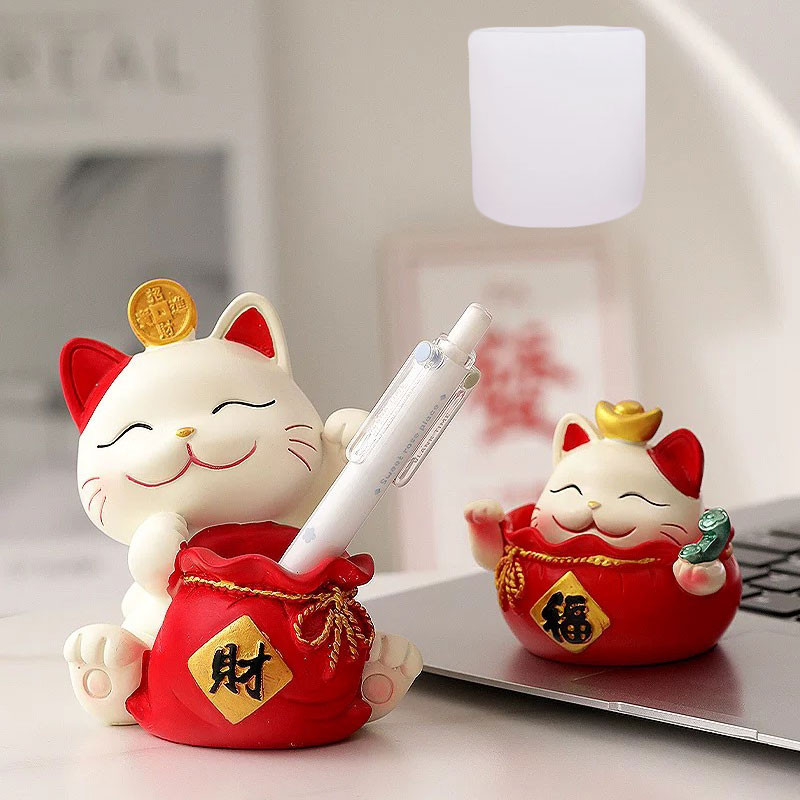 

Fortune Cat Pen Holder Silicone Mold Desktop 3D Gypsum Cement Crafts Mold Tea Pet DIY Animal Concrete Resin Candle Making Mold