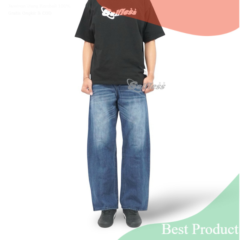 SELFLESS AND CARE CELANA DENIM FADE LOOSE FIT SELVEDGE WASH SPRAY WHISKER FADING GOMBRONG GOMBRANG/ 